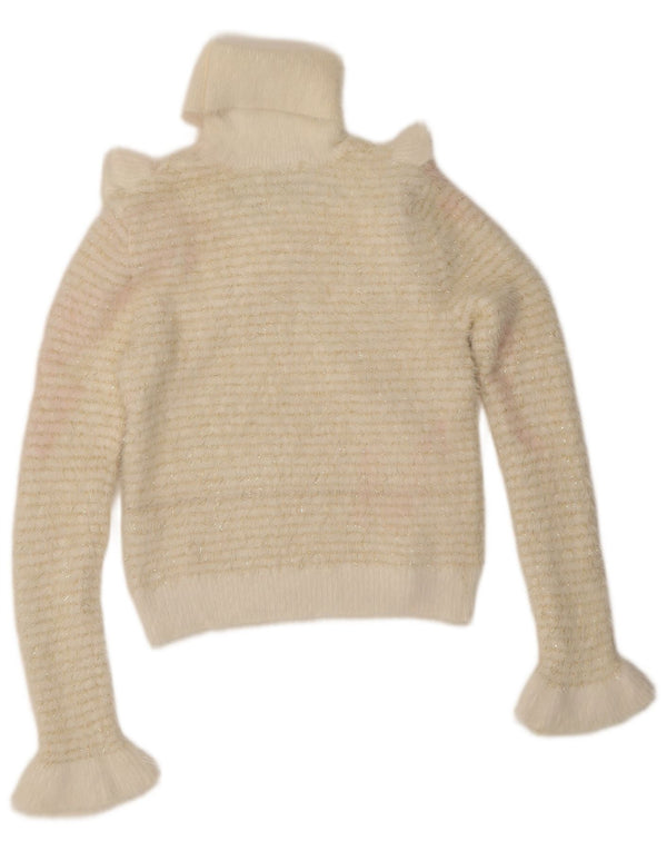 Zara Damen-Pullover mit Rüschen vorne und Rollkragen, Gr. 10, klein, weiß gestreift