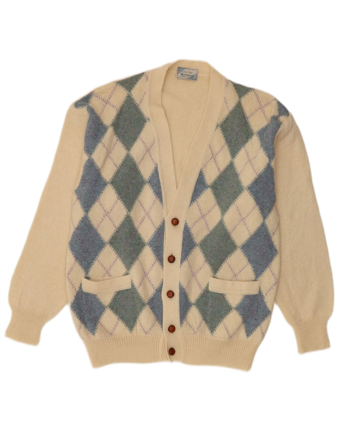 Hemmond Herren-Strickjacke, groß, beige Argyle/Diamant-Schurwolle