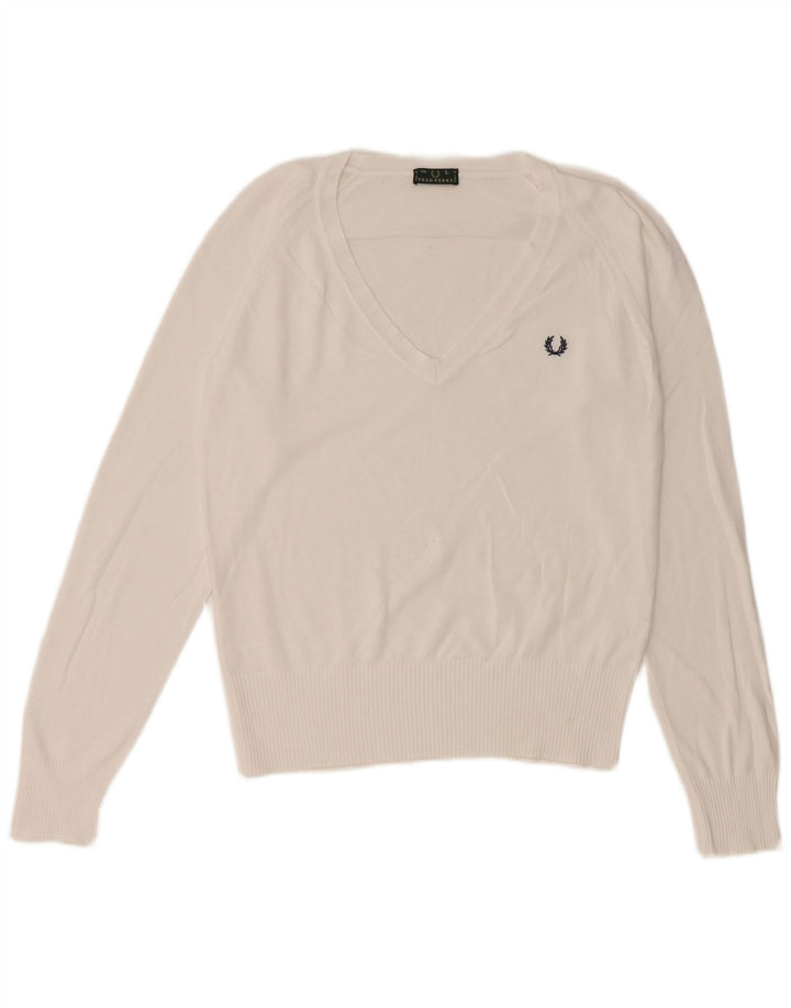 Fred Perry Damen-Pullover mit V-Ausschnitt, UK 14, Größe L, Weiß