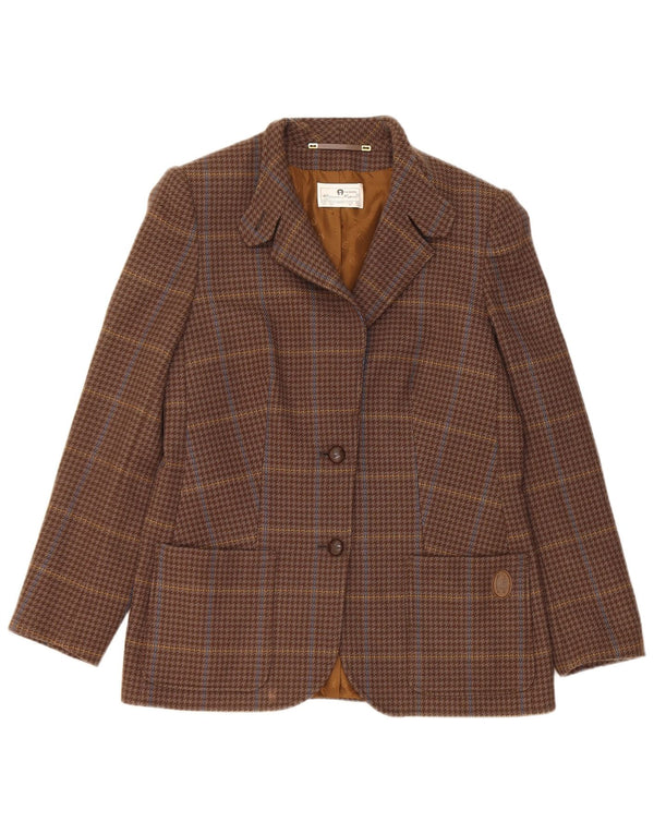 Vintage Damen 2-Knopf-Blazerjacke UK 10 Kleine braun karierte Wolle