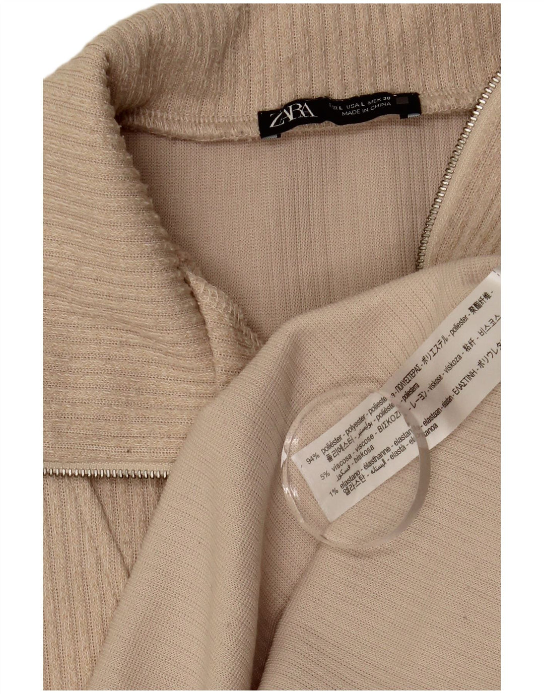 Zara Damen-Oberteil mit Reißverschluss, langärmlig, UK 44, Größe L, Beige, Polyester