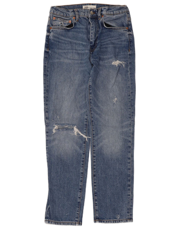 Zara Damen Distressed Straight Jeans EU 36 XS W26 L27 Blau