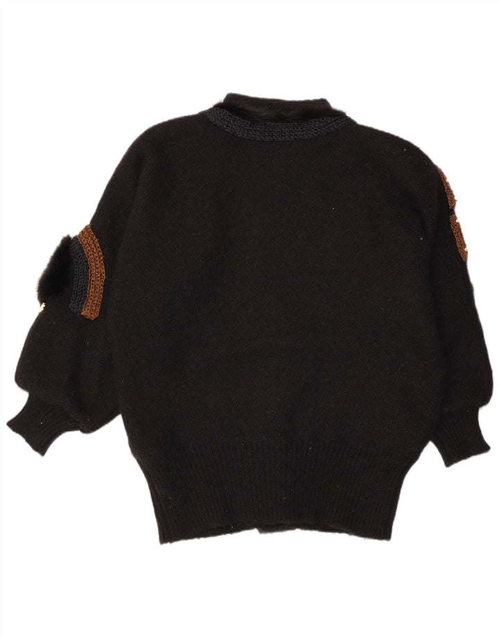 VINTAGE Damen Strickjacke mit abstraktem Muster EU 42/44 Groß Schwarz