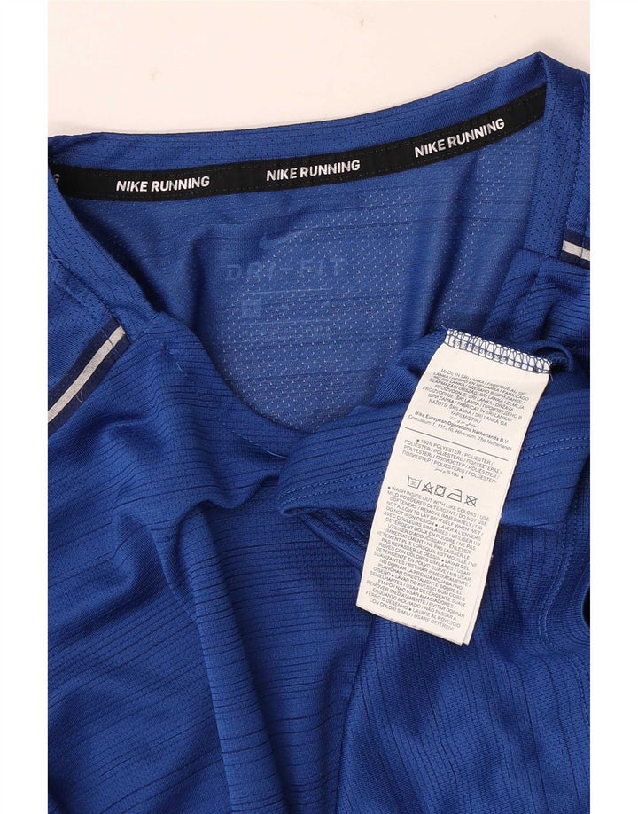 Nike Herren Dri Fit T-Shirt-Oberteil aus mittelblau gestreiftem Polyester