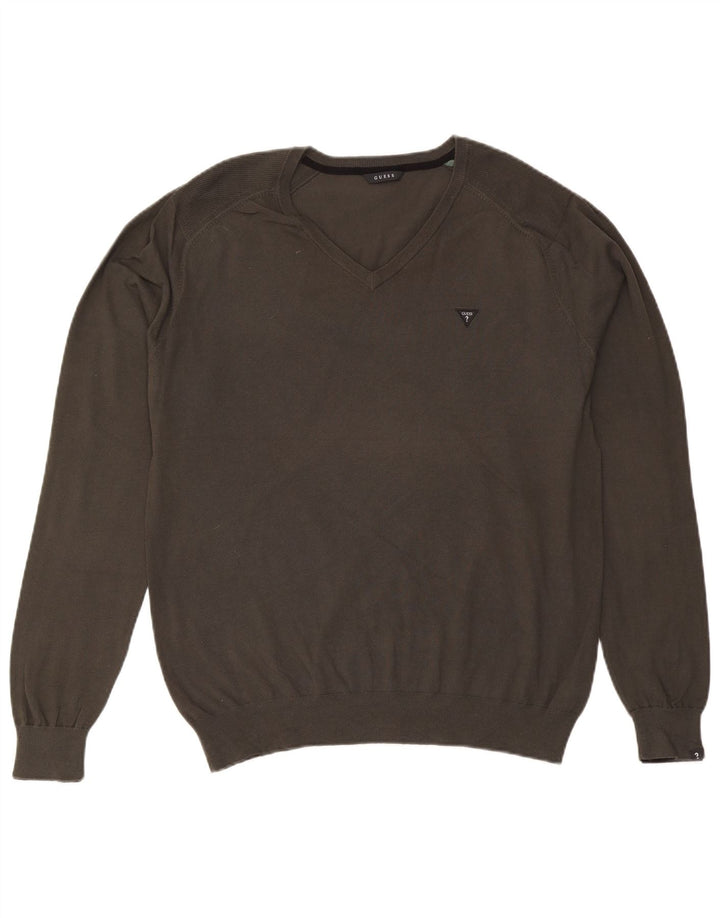 Guess Herren-Pullover mit V-Ausschnitt, XL, Khaki, Baumwolle