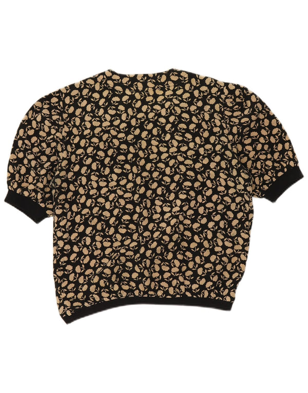 Vintage Damen Crop Bluse Top UK 14 Mittelschwarze Blumenseide