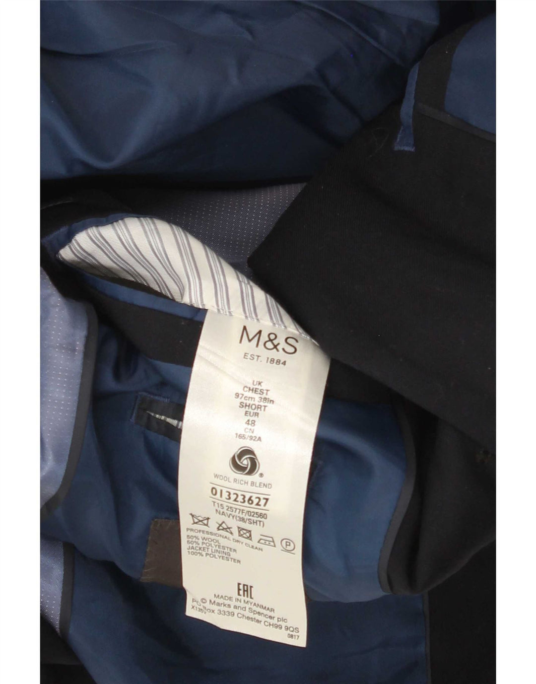 Marks & Spencer Herren-Blazer mit 2 Knöpfen, UK 38, mittelmarineblaue Wolle