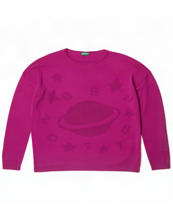 Benetton Mädchen-Pullover mit grafischem Rundhalsausschnitt, 10–11 Jahre, XL, Lila