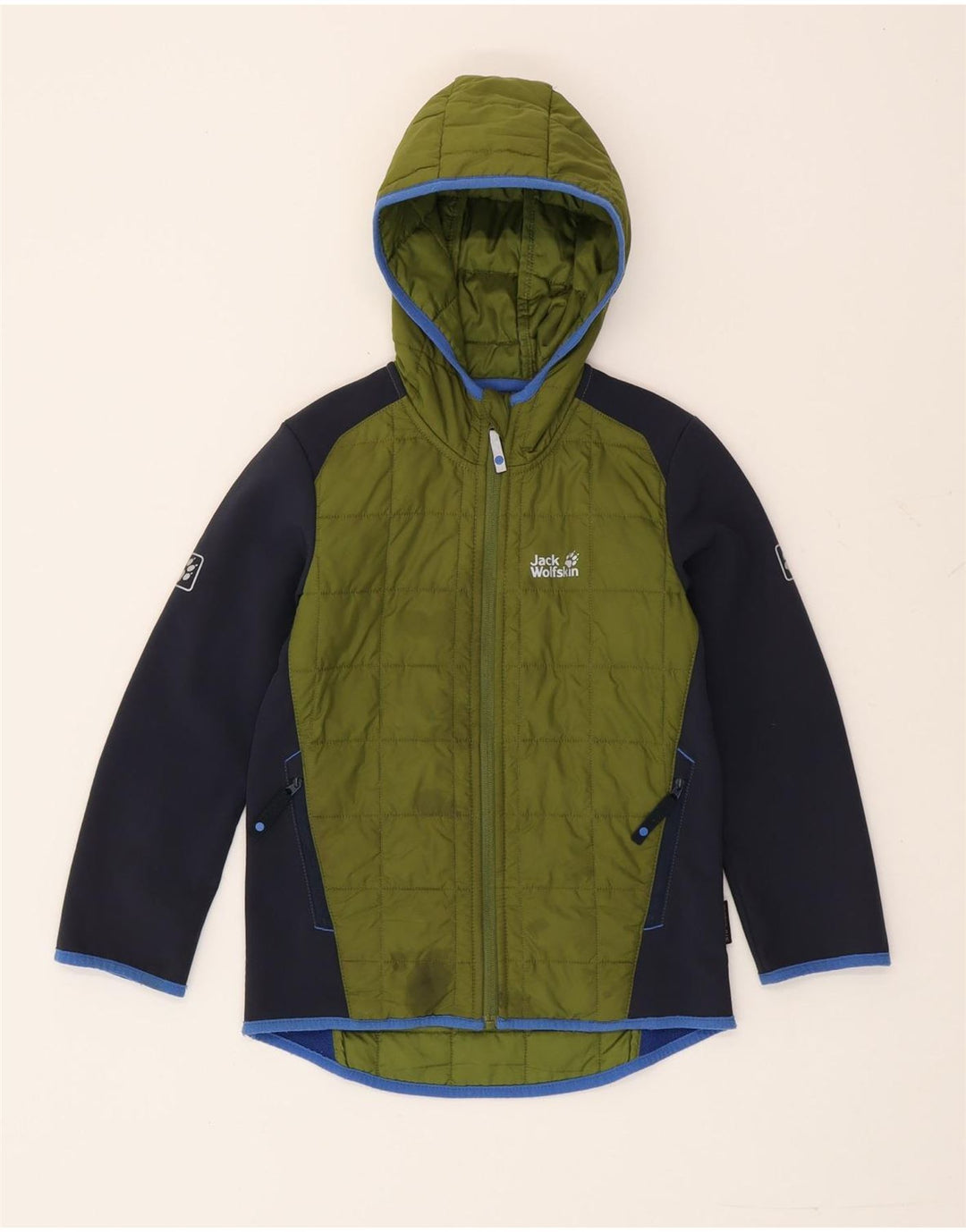 Jack Wolfskin Wattierte Jacke mit Kapuze für Jungen, 7–8 Jahre, grüner Farbblock