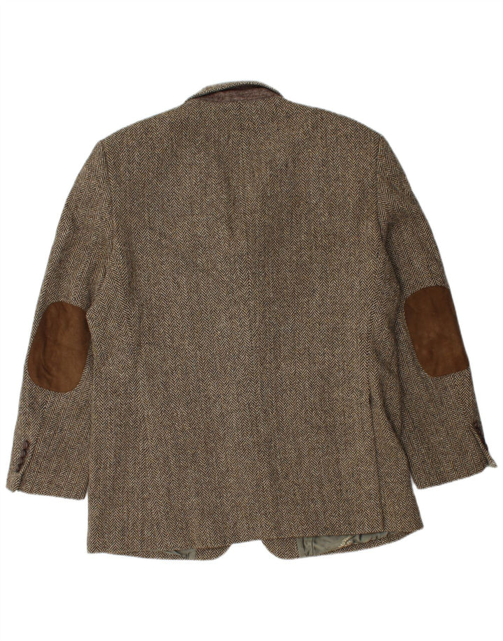 Harris Tweed Herren-Blazer mit 3 Knöpfen, UK 40, großes braunes Fischgrätenmuster