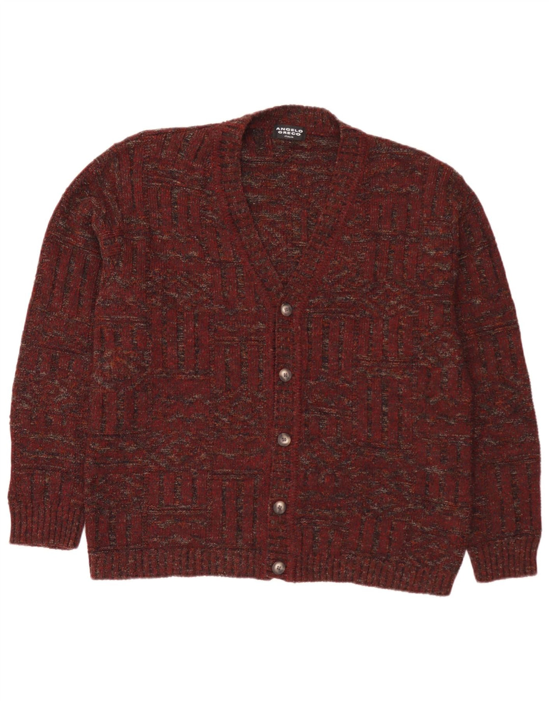 Angelo Greco Herren-Strickjacke, große bordeauxrot gesprenkelte Wolle