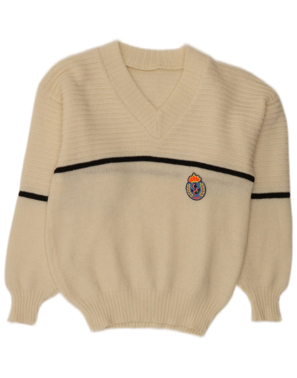 Vintage Damen V-Ausschnitt Pullover Pullover UK 16 Groß Weiß gestreift