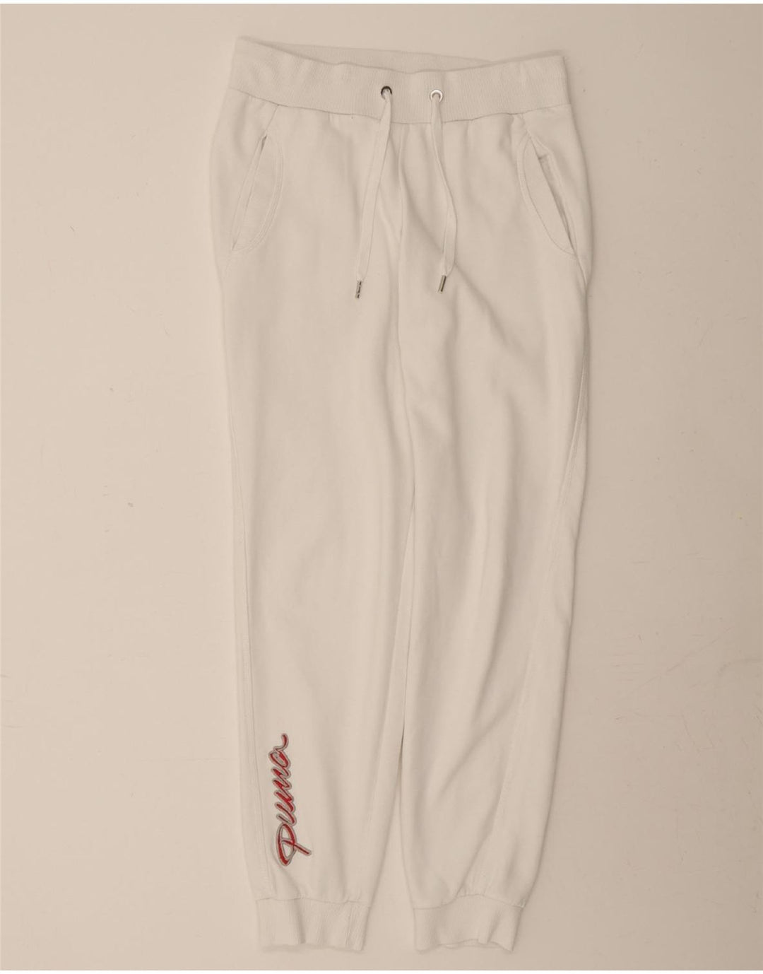 PUMA Womens Graphic Tracksuit Trousers Joggers UK 12 Medium White Vintage Puma and Second-Hand Puma from Messina Hembry 