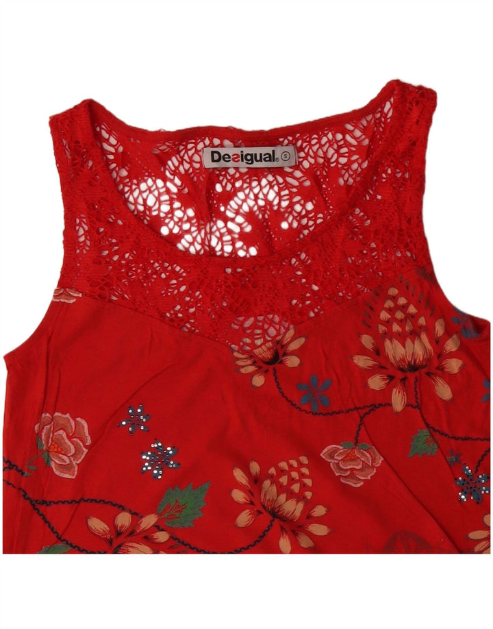 DESIGUAL Damen ärmelloses Blusenoberteil UK 10 Small Red Floral Cotton