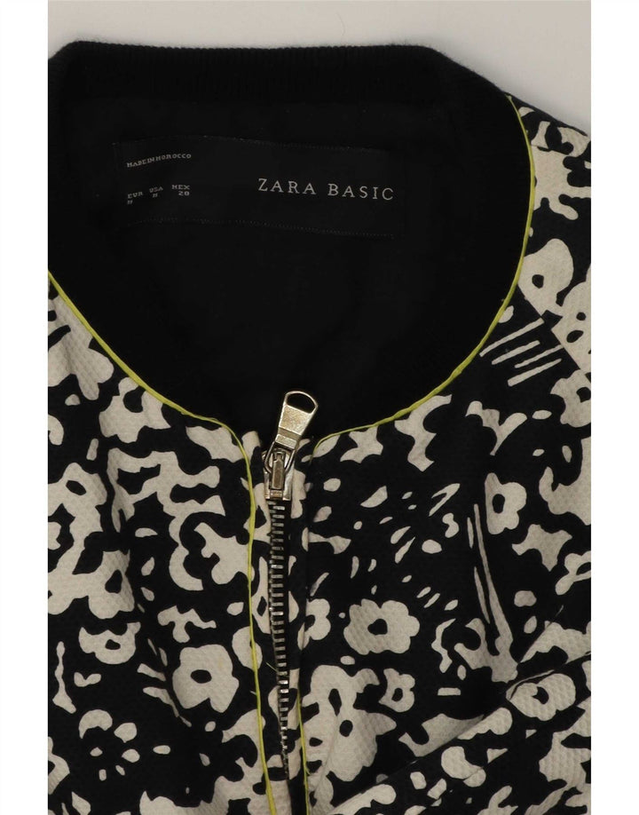 Zara Damen-Bomberjacke mit durchgehendem Reißverschluss, UK 14, mittlere schwarze Baumwolle mit Blumenmuster