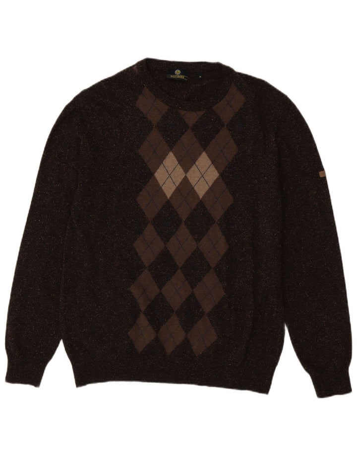 Navigare Herren-Pullover mit Rundhalsausschnitt, mittelbraune Argyle-/Diamantwolle