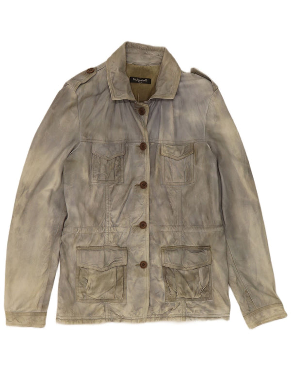 Vintage Damen Military Acid Wash Lederjacke UK 14 Large Grau