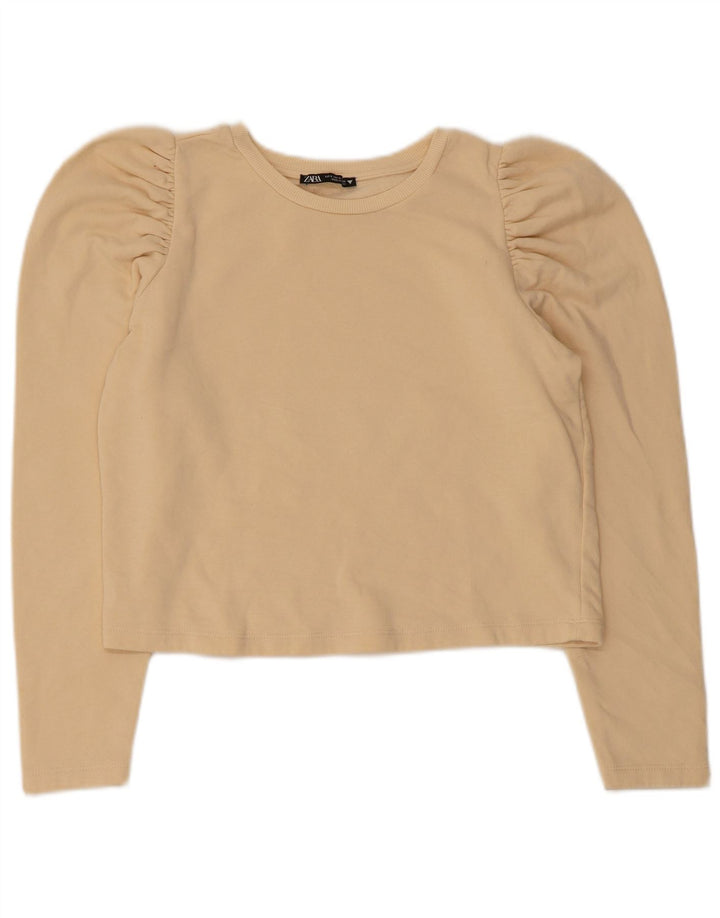 Zara Damen Crop Top Langarm UK 10 Small Beige Baumwolle