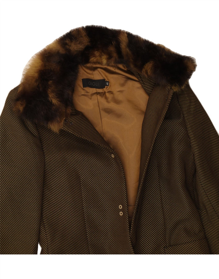GIGLI Womens Overcoat IT 40 Small Khaki Striped Acetate Classic Vintage Gigli and Second-Hand Gigli from Messina Hembry 