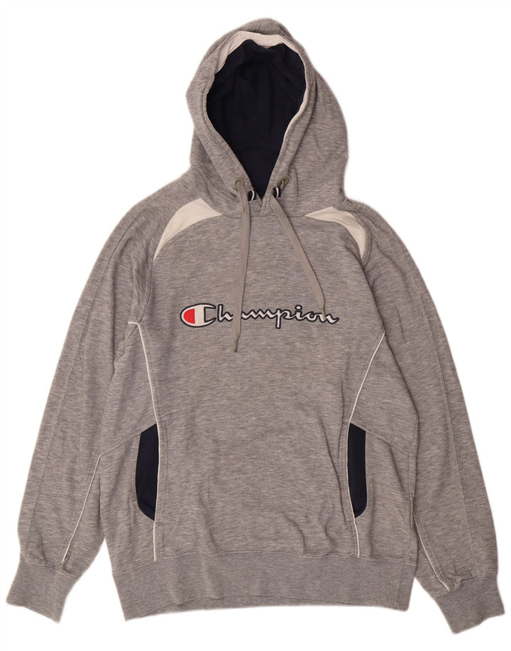CHAMPION Mens Graphic Hoodie Jumper Medium Grey Colourblock Cotton