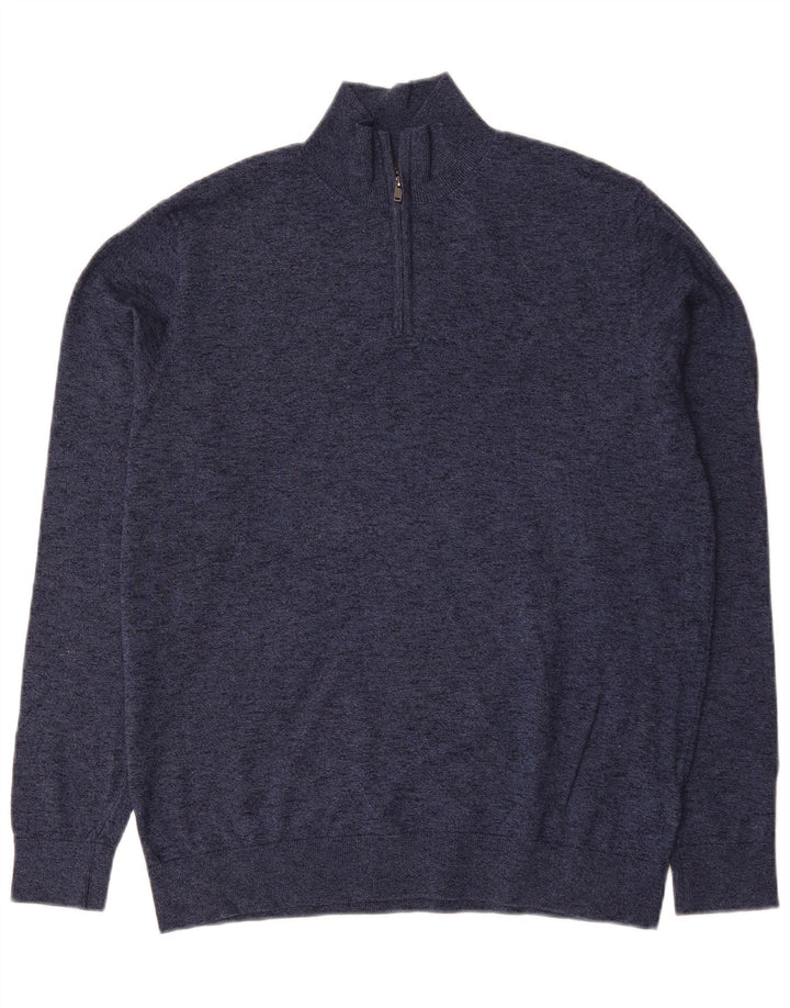 Marks & Spencer Herren-Pullover mit Reißverschluss am Hals, groß, marineblau gesprenkelte Baumwolle