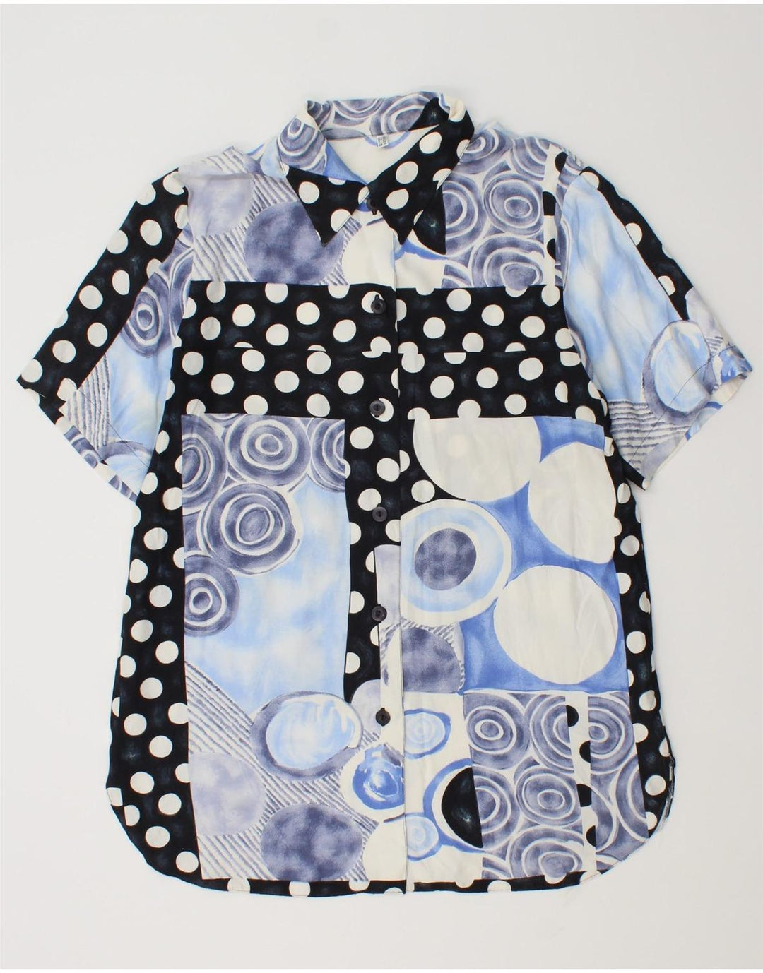 Vintage Damen Kurzarm-Hemdbluse UK 14 Große blaue Patchwork-Viskose