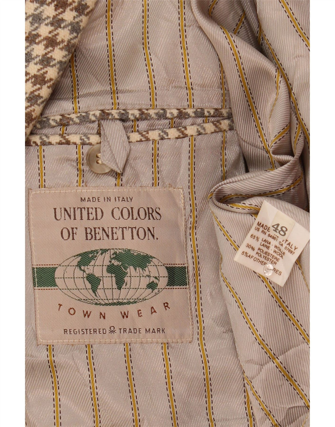 Benetton Herren-Blazer mit 2 Knöpfen, IT 48, mittelbeige Wolle mit Hahnentrittmuster