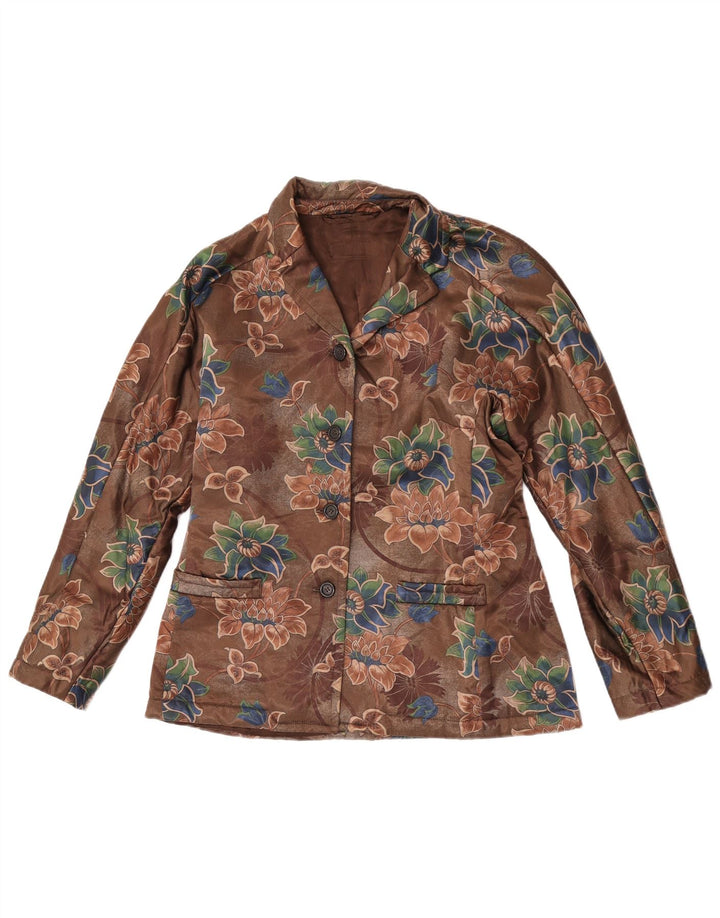 Vintage Damen 4-Knopf-Blazerjacke UK 14 Mittelbraun geblümt