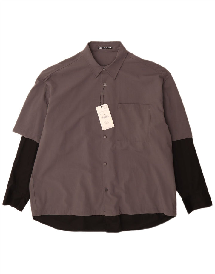 Zara Herren-Hemd, großes graues Colourblock-Polyester