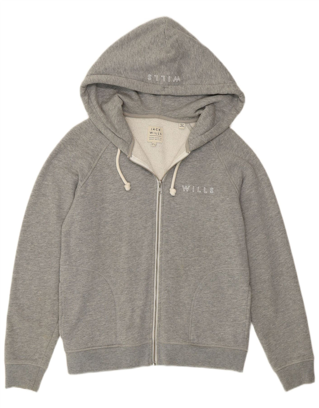 Jack Wills Damen-Kapuzenpullover mit grafischem Reißverschluss, UK 12, mittelgraue Baumwolle