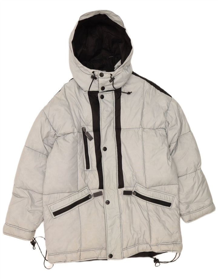 Vintage Herren Skijacke mit Kapuze, lockere Passform, EU 48, mittelgraues Polyamid