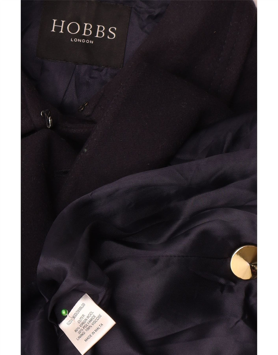 Hobbs Zweireihiger Damenmantel UK 10 Small Marineblaue Schurwolle