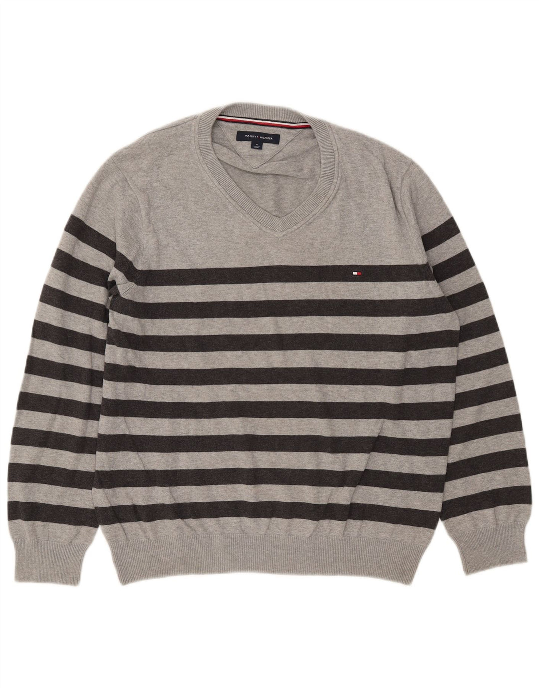 Tommy Hilfiger Herren-Pullover mit V-Ausschnitt, mittelgrau, gestreift, Baumwolle