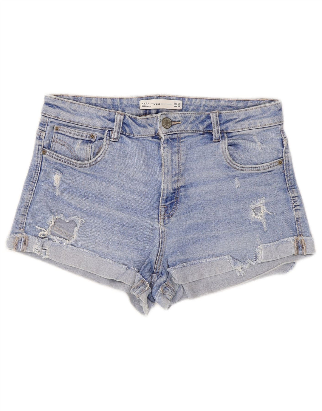 Zara Damen Trafaluc Distressed Denim Shorts EU 38 Small W28 Blau