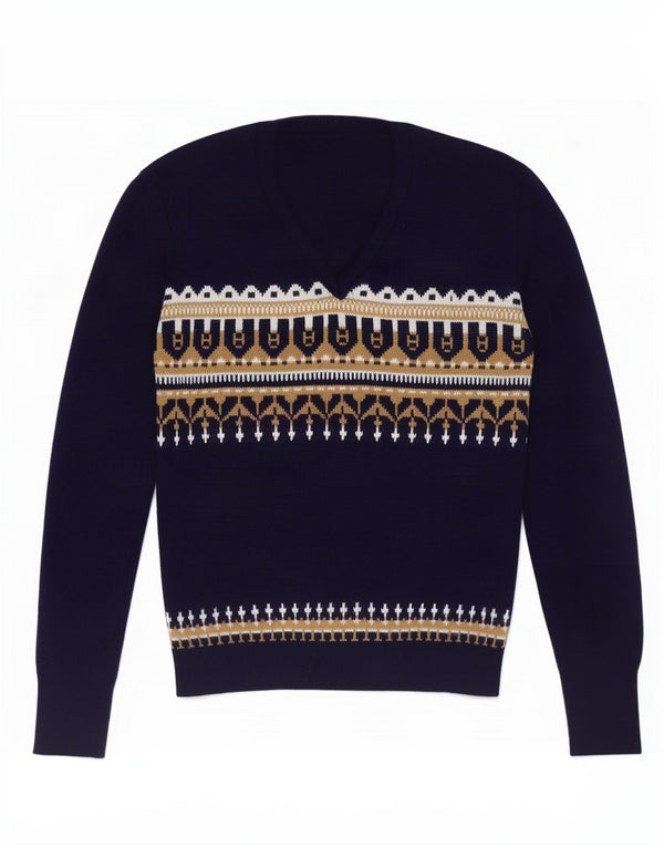 Vintage Damen V-Ausschnitt Pullover Pullover UK 12 Medium Navy Blue Fair Isle