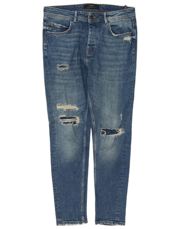 Zara Herren Distressed Tapered Jeans EU 42 Large W32 L28 Blaue Baumwolle