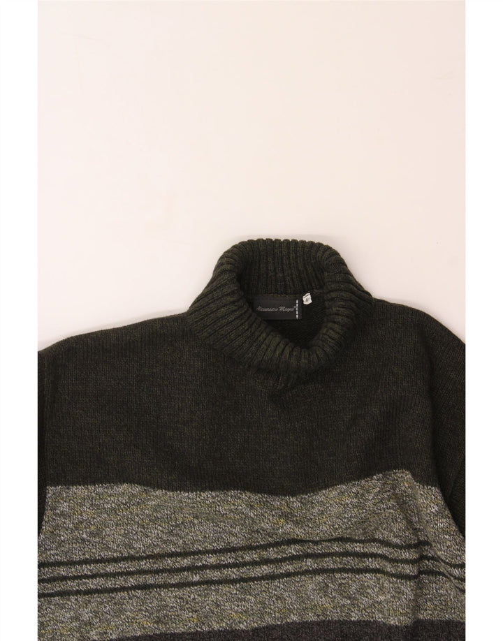 VINTAGE Rollkragenpullover für Herren, groß, Khaki, gestreift, Acryl