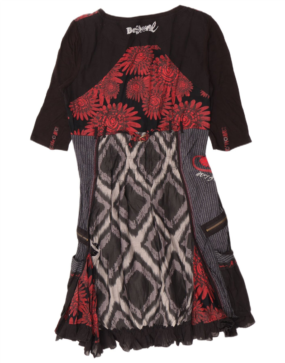 Desigual Damen Empire-Kleid EU 42 Große schwarze Patchwork-Baumwolle
