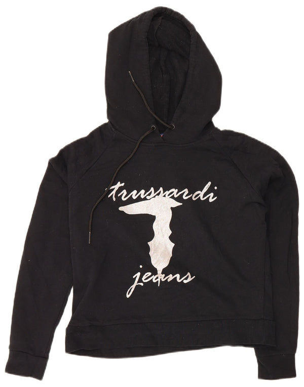 Trussardi Jeans Damen-Pullover mit übergroßem, bauchfreiem Grafik-Kapuzenpullover, Gr. 6, XS, Schwarz