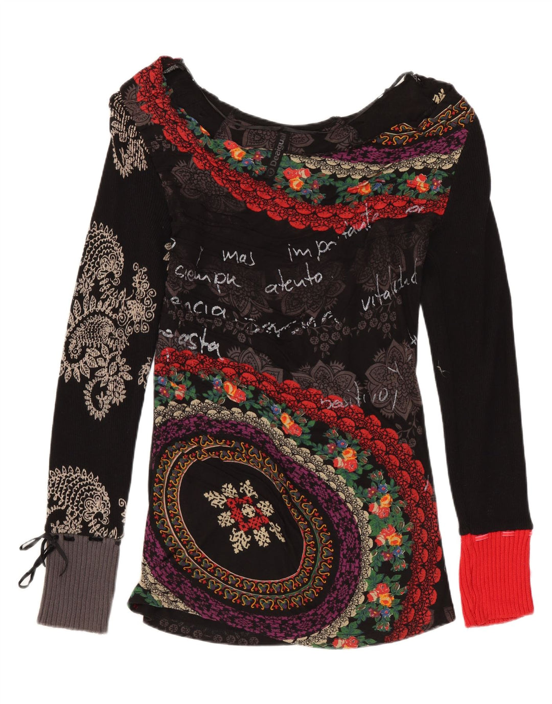 DESIGUAL Womens Graphic Top Langarm UK 12 Mittelschwarze geblümte Baumwolle