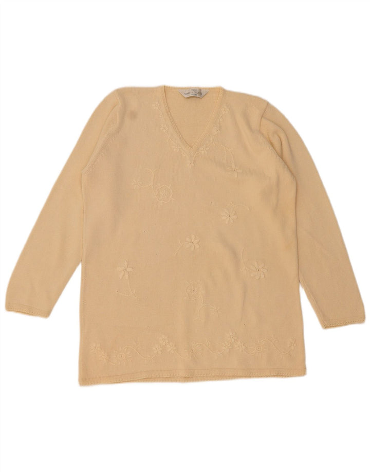 Marks & Spencer Damen-Pullover mit V-Ausschnitt, Gr. 12, Mittelbeige mit Blumenmuster