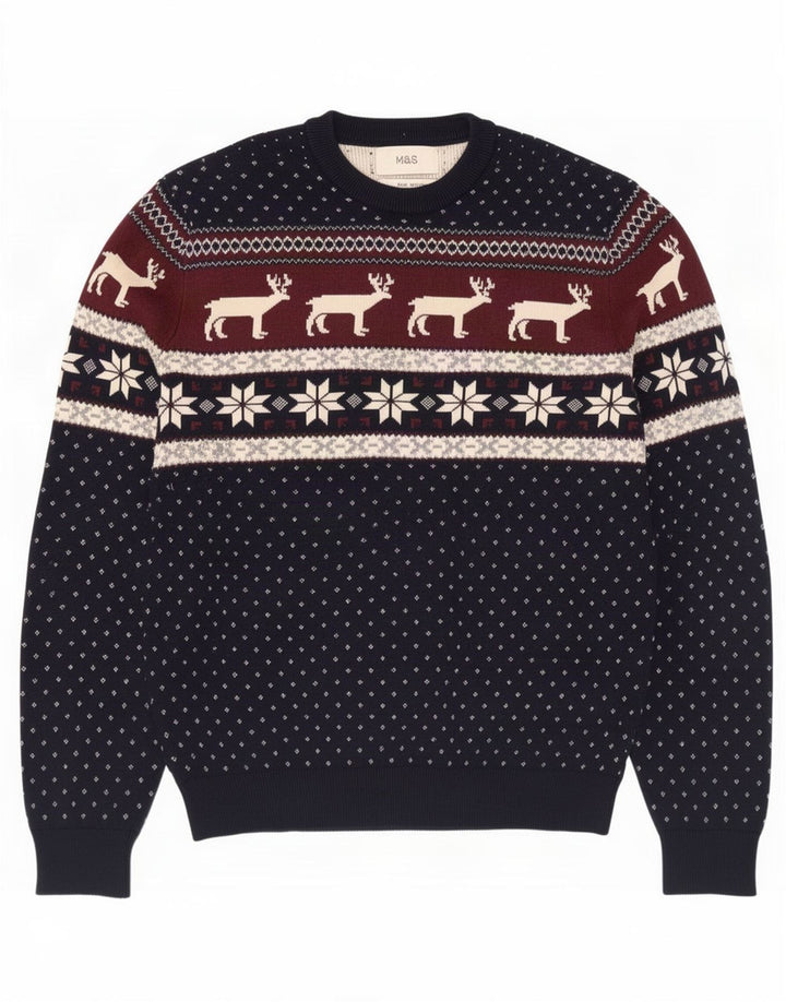 Marks & Spencer Herren-Pullover mit Rundhalsausschnitt, mittleres Marineblau, Fair Isle-Muster