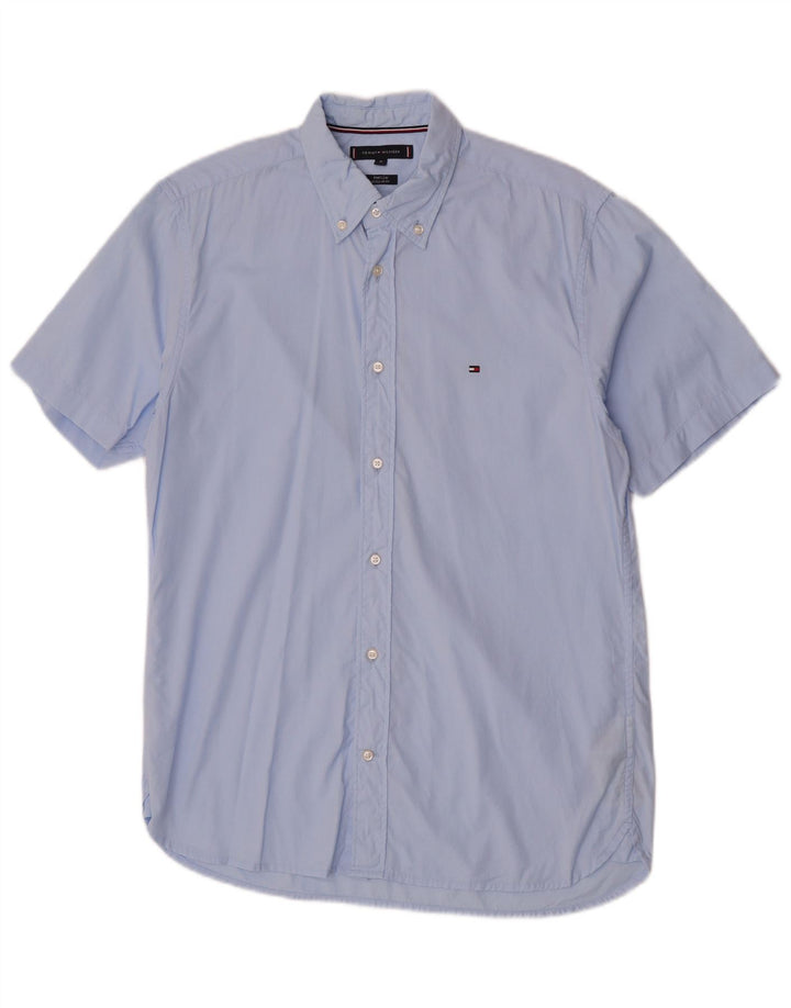 Tommy Hilfiger Herren-Hemd, kurzärmelig, normale Passform, mittelblaue Baumwolle