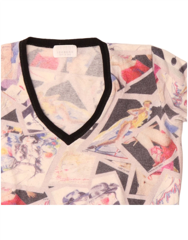 Iceberg Womens Crop V-Neck Pullover Pullover IT 46 Large Off White Colourblock