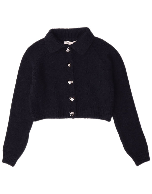 Zara Damen Crop Cardigan Pullover UK 10 Small Marineblau Acryl