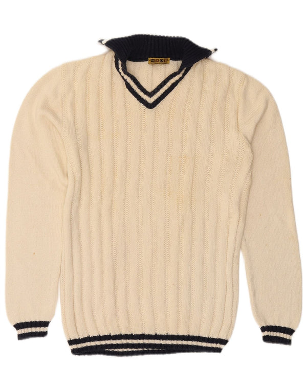 Vintage Damen V-Ausschnitt Pullover Pullover UK 16 Große cremefarbene gestreifte Baumwolle