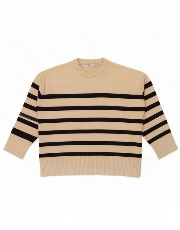 Zara Damen-Pullover, übergroß, Rundhalsausschnitt, Gr. 40, Größe L, Beige, gestreift