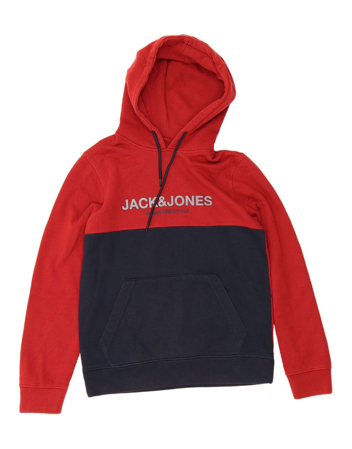 JACK & JONES Mens Graphic Hoodie Jumper Small Red Colourblock Polyester Vintage Jack & Jones and Second-Hand Jack & Jones from Messina Hembry 