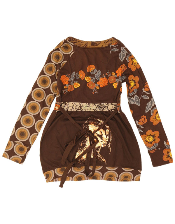 Desigual Damen Langarm-Mini-Bubble-Kleid UK 12 Mittelbraun mit Blumenmuster