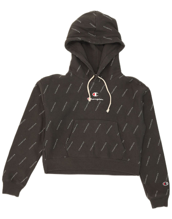 Champion Womens Crop Graphic Hoodie Pullover UK 14 Mittelschwarze Baumwolle